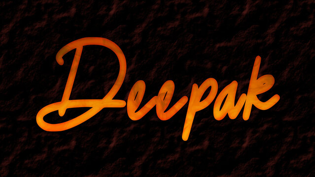 3D fire text effect of name Deepak on dark background.	
