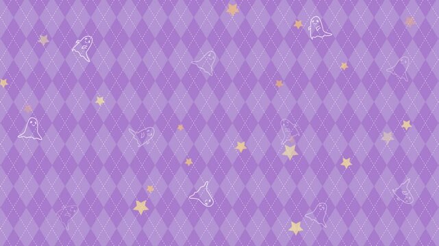 ゆらゆら動くゴーストと星のアーガイルチェックの背景,紫