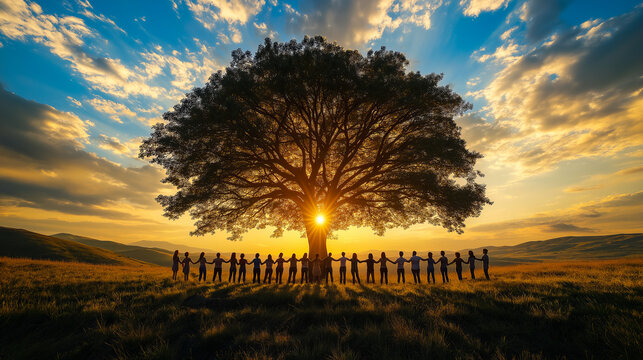 Diverse group of people standing together around a tree in the morning, symbolizing unity and collaboration for saving the planet and environmental protection.