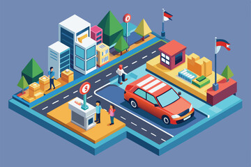 Fototapeta premium A vibrant isometric illustration showcasing a driving school setting with students, cars, and various city elements under a clear sky.