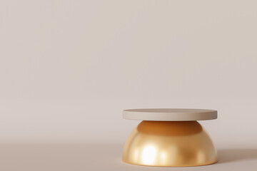 Simple minimalist podium with shiny, golden base. Ideal for highlighting premium goods in graceful and sophisticated manner. Empty scene. Stage, display, showcase. Gold. Beige, neutral background. 3D.