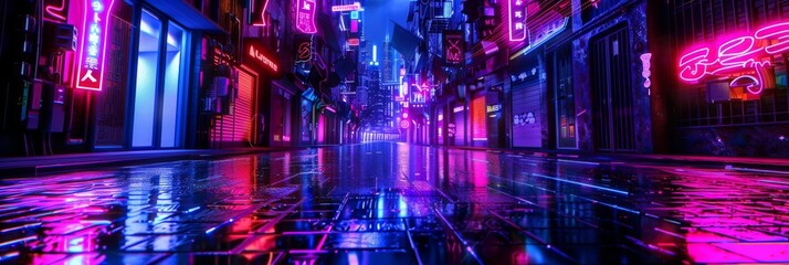 Fototapeta premium Neon Cyberpunk City, Urban Future Metaverse, Night Purple Street Texture Background, Copy Space