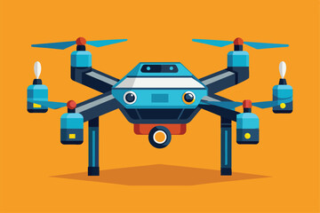 Naklejka premium A vibrant illustration features a customizable drone with a unique design, set against a bright orange backdrop, highlighting its innovative features and functionality.