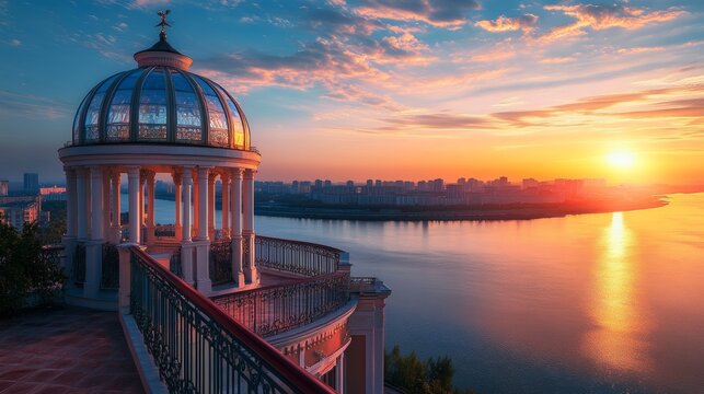 The Blagoveshchensk City Rotunda in Russia shines in the sunset with its clear dome and balustrade, while the city of Heihe, China, rises in the distance across the Amur River.