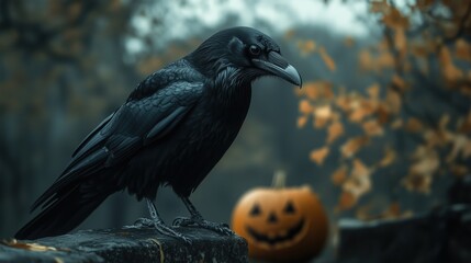 A black raven is perching alone with Halloween pumpkins