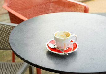 Lonely empty coffee cup with a spoon on a cafe table, dirty tableware
