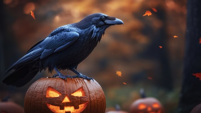 A black raven is perching alone with Halloween pumpkins