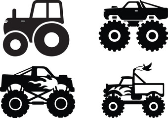 Diverse Monster Truck Silhouettes. Set of Monster vehicles flat isolated vector Silhouettes © Md