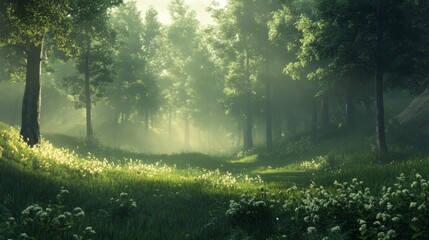 Obraz premium The forest was shrouded in the ethereal embrace of morning mist.