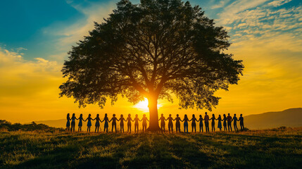 Diverse individuals gathered around a tree, symbolizing the collective effort to save the planet through sustainable practices and environmental preservation.