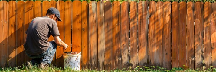 Man painting wood stain at timber plank in garden. Hand with brush closeup, paint protective varnish