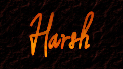 3D fire text effect of name Harsh on dark background.	