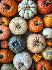 A collection of pumpkins in different colors, shapes, and textures, showcasing the rich variety of autumn's harvest..