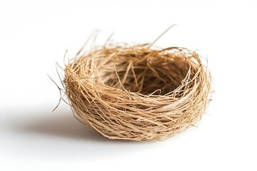 Obraz premium A bird's nest made of branches and blades of grass is placed on a white background.