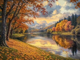 Obraz premium A serene valley in the autumn, with golden leaves blanketing the ground and a calm river reflecting the vibrant colors of the trees under a soft, cloudy sky