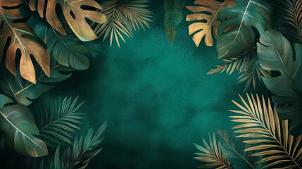 Tropical leaf banner on a vibrant emerald background. Featuring exotic botanical patterns in lush jungle hues, this design exudes natural beauty.