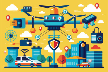 Naklejka premium A customizable drone surveillance system is actively monitoring urban environments, integrating technology for enhanced security and efficiency.