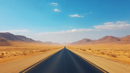 Fototapeta premium A Straight Road Through a Desert Landscape with Mountains in the Distance