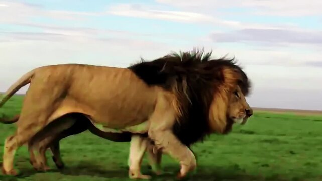 Two Beautiful Male Lions Running Together 4K