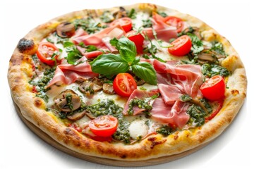 Parma Ham Pizza with Porcini Mushrooms, Mozzarella, Basil, Cherry Tomatoes, Pesto