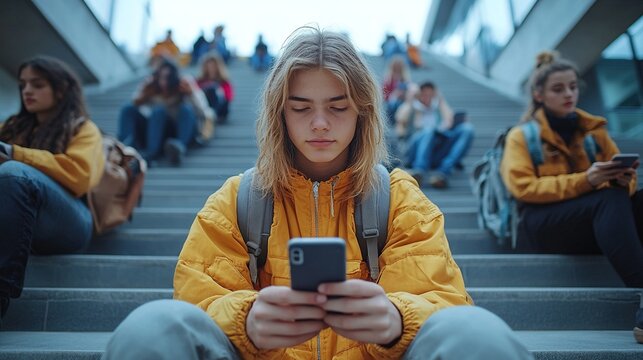 group of teenagers sitting in outdoor stairs in front of school everybody using phone scrolling internet, social medi addiction among teenagers concept