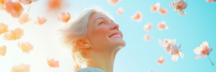 A woman is smiling and looking up at the sky. The sky is blue and there are many pink flowers in the air