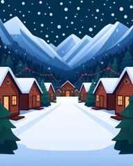 Snowy village with cozy cabins nestled in the mountains under a starry night sky.