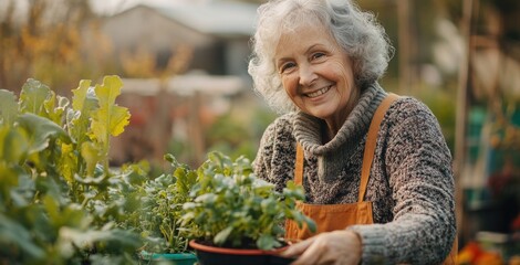 Joyful senior woman gardening with vibrant plants