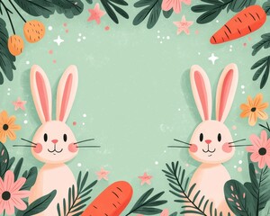 Two cute bunnies with carrots and flowers on a green background.