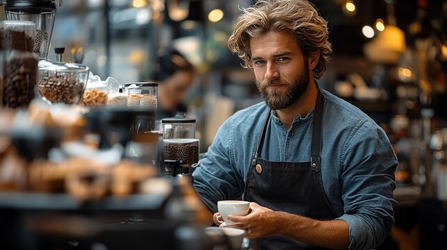 handsome male barist working in coffee shop standing by counter bartender in apron preparing coffee drink