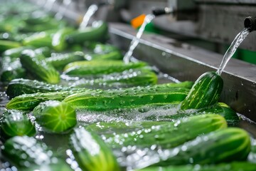 Obraz premium Washing Many Cucumbers, Cucumbers Automated Washing Line, Vegetable Sorting on Conveyor