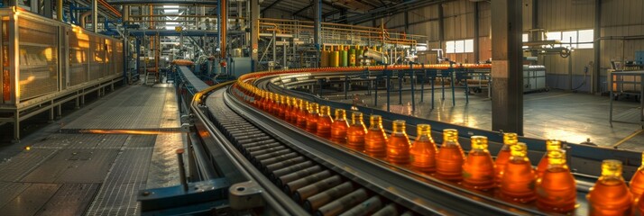 Fototapeta premium Beverage Factory Interior, Conveyor with Juice Bottles, Drink Production Line, Juice Industry