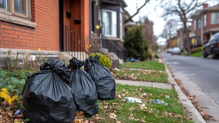Many garbage bags and full waste bin at clean modern house, waste management concept,black plastic bag,Waiting for the rubbish keeper officers to take them away,Waste management.