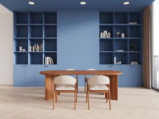 Blue home living room interior with table and chairs, shelf and panoramic window