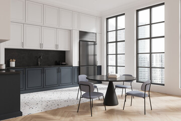 Classical home kitchen interior with dining table, cabinet and panoramic window