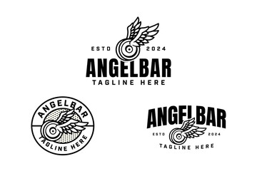 weight bumper plates with wings outline badge logo design set for gym fitness sport and competition.  barbell plates with wings illustration modern logo template for bodybuilding, weightlifting club