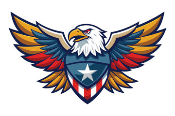 This eagle emblem features vibrant wings and a shield design, perfect for logos or patriotic themes in various creative applications.