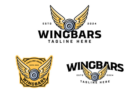 barbell plates with angle wings colorful badge logo design set for gym fitness sport and competition.  weight bumper plates with wings illustration logo template for bodybuilding, weightlifting club