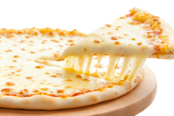 Closeup of cheese pizza slice being lifted from the whole pizza isolated on white background. Concept of cheesy food