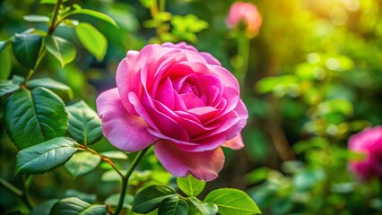 Perfect pink rose blooms gorgeously in vibrant daylight surrounded by lush green leaves
