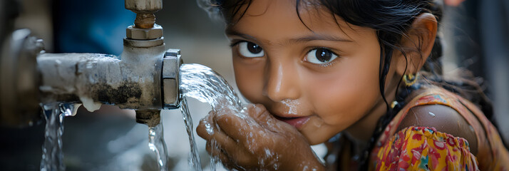  Cute Indian girl drinking water from outdoor tap, rural child with bright eyes, access to clean water, hydration in villages, innocence, hope, poverty, childhood moments, human rights © Ram