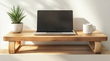 Fototapeta premium Modern Minimalist Workspace with Wooden Desk, Laptop Stand, Wireless Keyboard, and Coffee Mug for Clean and Functional Work Environment