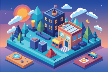 A vibrant isometric cityscape features colorful buildings, lush trees, and vehicles under an early morning sky filled with clouds and the rising sun.