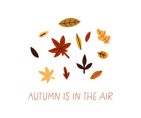 Autumn postcard with leaves and the inscription Autumn in the air. Autumn leaves. Vector illustration in flat style.