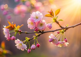 Obraz premium Delicate pink petals unfurl on slender branch swaying in morning mist with subtle sunlight casting soft warm glow