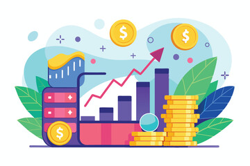 A visual representation of an earnings announcement with growth charts, coins, and a vibrant backdrop, highlighting financial performance and success.