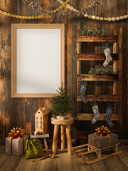Mockup, template, new year christmas rustic interior, picture frame, wooden rough furniture, decorations, sled, stool, decorated spruce, socks with gifts, toys, 3d rendering