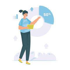 A woman with pie chart presentation report illustration