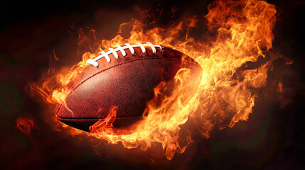 A rugby ball engulfed in flames captures the essence of fierce competition, radiating energy and excitement as it hovers in a dark, dramatic setting