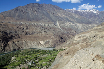 Barchidiv village and landscape along the Bartang Valley in the Gorno-Badakhshan region in Tajikistan